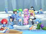  &gt;_&lt; 6+girls apron arm_up black_boots black_hair black_vest blonde_hair blue_boots blue_eyes blue_hair blue_hat blue_skirt blue_vest blush boat boots bow breasts closed_eyes commentary_request crescent crescent_hat_ornament dress drill_hair drill_sidelocks fins game_boy glasses green_hat green_kimono hair_bobbles hair_bow hair_ornament handheld_game_console hat hat_bow hat_ornament head_fins japanese_clothes kappa_mob_(touhou) kawashiro_nitori kimono kirisame_marisa kneehighs long_hair long_sleeves lying mermaid mittens mob_cap monster_girl multiple_girls obi on_boat on_stomach onozuka_komachi open_mouth patchouli_knowledge pink_hair pink_mittens pink_scarf playing_games puffy_short_sleeves puffy_sleeves purple_bow purple_eyes purple_hair red_hair sash scarf short_sleeves sidelocks sitting skirt smile snow socks striped_clothes striped_dress touhou two_side_up vertical-striped_clothes vertical-striped_dress very_long_hair vest waist_apron wakasagihime water watercraft white_bow white_socks witch_hat yellow_eyes yoruniwa 