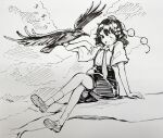  1girl :d arm_support bird collared_shirt commentary_request crow hat highres in_tree loafers looking_at_viewer monochrome necktie one_eye_closed outdoors pom_pom_(clothes) seele_(chanseele0128) shameimaru_aya shameimaru_aya_(newsboy) shirt shoes short_sleeves shorts sitting sitting_in_tree smile solo suspenders tassel tokin_hat touhou traditional_media tree 