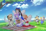  &gt;_&lt; 6+girls alice_margatroid apple apron black_hat black_skirt black_vest blonde_hair blue_bow blue_dress blue_eyes blue_sky blush book bottle bow bread broom brown_hair brown_shoes capelet closed_eyes cloud commentary_request crescent crescent_hat_ornament day dress drill_hair fairy fairy_wings food fruit grimoire grimoire_of_alice hair_bow hairband hat hat_bow hat_ornament head_on_head head_rest headdress highres kirisame_marisa long_hair long_sleeves luna_child mob_cap multiple_girls one_eye_closed open_mouth orange_hair outdoors patchouli_knowledge pear picnic_basket picnic_blanket pink_capelet pink_dress pink_hat pointing puffy_short_sleeves puffy_sleeves purple_eyes purple_hair red_bow red_hairband red_skirt shanghai_doll shoes short_sleeves sitting skirt sky smile socks star_sapphire striped_clothes striped_dress sunny_milk touhou vertical-striped_clothes vertical-striped_dress vest waist_apron white_apron white_bow white_capelet white_dress white_socks wide_sleeves wings witch_hat yoruniwa 