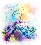  1girl black_outline blank_eyes cape chatan_(160429) chest_jewel commentary_request fi_(zelda) floral_background floral_print flower forehead_jewel looking_to_the_side no_pupils outline partially_colored patterned patterned_background short_hair solo the_legend_of_zelda the_legend_of_zelda:_skyward_sword 