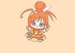  1girl ahoge bag_bow boots bow bowtie brooch chibi closed_mouth cure_sunny dot_nose earrings eyelashes eyes_visible_through_hair footwear_ribbon frilled_shirt frills hair_bun hair_ornament hino_akane_(smile_precure!) ichigo_usuhana jewelry light_blush looking_at_viewer magical_girl mini_tiara miniskirt orange_background orange_bow orange_bowtie orange_eyes orange_hair orange_ribbon orange_shirt orange_skirt orange_theme orange_wrist_cuffs outstretched_arms pink_bow pleated_skirt precure ribbon shirt short_hair simple_background single_hair_bun single_stripe skirt skirt_set sleeveless sleeveless_shirt smile smile_precure! solo striped_bow tareme thigh_boots tiara train_(clothing) updo waist_bag white_arm_warmers white_bag white_boots wing_earrings wing_hair_ornament wrist_cuffs 