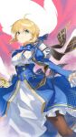  1girl ahoge aqua_eyes armor artoria_pendragon_(fate) back_bow blonde_hair blue_bow blue_bowtie blue_dress bow bowtie braid breasts brown_pantyhose buttons cape cleavage_cutout closed_mouth clothing_cutout cowboy_shot dress english_commentary excalibur_(fate/stay_night) fate/stay_night fate/unlimited_blade_works fate_(series) floating_clothes frills hair_between_eyes hair_bun highres holding holding_sword holding_weapon honkai:_star_rail honkai_(series) juliet_sleeves long_sleeves looking_at_viewer mandarin_collar medium_breasts pantyhose puffy_sleeves red_cape saber_(fate) saber_(honkai:_star_rail)_(fate) short_hair shoulder_armor sidelocks simple_background solo standing striped_bow striped_bowtie striped_clothes sword tororo_kafka two-tone_dress weapon white_background white_dress 