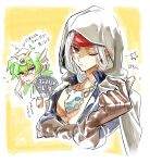 2boys ? black_shirt brown_cloak brown_gloves cloak commentary_request dasaku1028 dragon_quest dragon_quest_iv fins forehead_protector frown gloves green_hair head_fins headband hero_(dq4) highres holding holding_sign jewelry looking_to_the_side male_focus multiple_boys necklace one_eye_closed pisaro purple_eyes red_eyes red_headband shirt sign sketch skull_necklace star_(symbol) sweatdrop translation_request upper_body white_hair 