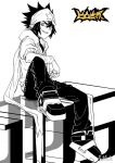  1boy aotu_world arm_on_knee bandana copyright_name drawstring fingerless_gloves gloves greyscale grin headband hood hood_down hooded_jacket jacket knee_up looking_at_viewer male_focus monochrome official_art pants parted_lips pointy_ears qi_chuang_she ray_(aotu_world) shoes simple_background sitting smile solo spiked_hair star_(symbol) star_print third-party_source white_background 