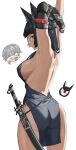  1boy 1girl akihitoevon animal_ears arms_up aroused_nosebleed ass backless_dress backless_outfit black_dress black_hair blood blunt_bangs braid breasts dress english_commentary fox_ears fox_girl from_behind highres hoshimi_miyabi katana large_breasts long_hair looking_at_viewer looking_back nosebleed red_eyes scabbard sheath short_dress sideboob simple_background sleeveless sleeveless_dress sword tailless_(zenless_zone_zero) weapon wise_(zenless_zone_zero) zenless_zone_zero 