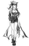  1girl absurdres animal_ears arknights arm_at_side chinese_commentary commentary_request full_body greyscale hair_between_eyes hand_on_own_hip highres long_sleeves medium_hair messy_hair monochrome necktie off_shoulder official_alternate_costume ponytail shorts sidelocks sikadi_shigaoshou simple_background solo spot_color standing tail texas_(arknights) texas_(willpower)_(arknights) unfinished white_background wolf_ears wolf_girl wolf_tail yellow_eyes 