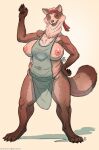 2025 4_toes 5_fingers accessory anthro apron arcr-cric areola artist_name big_breasts breasts brown_body brown_fur canid canine claws clothing collarbone digital_media_(artwork) digitigrade eyes_closed feet female finger_claws fingers front_view full-length_portrait fur genitals gesture hand_on_hip headband hi_res ineffective_clothing mammal nipples pawpads pink_nipples portrait raccoon_dog red_headband signature simple_background slightly_chubby slightly_chubby_anthro slightly_chubby_female smile solo standing tail tanuki text toe_claws toes translucent translucent_clothing url vulva waving waving_at_viewer whiskers white_background