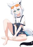  1girl ahoge animal_ear_fluff barefoot blush braid extra_ears eyewear_on_head feet fox_girl fox_tail full_body hair_between_eyes highres hololive hololive_gamers holonatsu_paradise knee_up long_hair looking_at_viewer official_alternate_costume shirakami_fubuki shirakami_fubuki_(holonatsu_paradise) shirt short_sleeves sidelocks simple_background sitting solo sunglasses tail toes twin_braids u_kome virtual_youtuber white_background white_hair white_shirt 