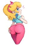  1girl absurdres aqua_shirt artistic_error ass blonde_hair blue_eyes blue_shirt blush bracelet breasts earrings gonzarez hair_ribbon hairband highres jewelry large_breasts long_hair looking_at_viewer mario_(series) mario_kart mario_kart_world open_mouth pants pink_hairband pink_pants pink_ribbon princess_peach princess_peach_(sightseeing) ribbon shirt sideboob simple_background solo sphere_earrings white_background wrong_hand 