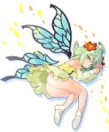  1girl ahoge ass detached_sleeves dress fairy fairy_wings flower green_dress green_eyes green_hair green_sleeves hair_flower hair_ornament highres kneepits legs lying no_panties on_side original pointy_ears shoes short_dress short_hair simple_background smile solo strapless strapless_dress thighs tsudero white_background white_footwear wings 