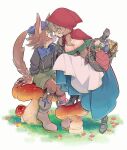  1boy 1girl animal_ears animal_nose apple apron artist_name basket big_bad_wolf black_bow black_gloves black_shirt black_shoes blonde_hair blue_scarf blue_skirt blue_socks boots bottle bow breasts brown_boots brown_corset brown_fur brown_hair capelet claws cleavage closed_mouth cloth commentary corset face-to-face fang flower fly_agaric food fruit full_body furry furry_male glove_bow gloves grass green_shirt green_shorts gun hand_on_another&#039;s_chin handgun hands_up high_heels holding holding_basket hood hood_up hooded_capelet index_finger_raised knees_together_feet_apart knife knife_sheath large_breasts leaning_forward leg_up little_red_riding_hood_(fairy_tale) little_red_riding_hood_(fairy_tale_character) long_skirt looking_at_another medium_hair mizu_mo_gura mushroom on_mushroom pink_flower red_capelet red_flower revolver scarf sheath shirt shoes shorts sitting skirt snout socks standing striped_clothes striped_shirt sweat tail tail_raised twitter_username vertical-striped_clothes vertical-striped_shirt waist_apron wavy_mouth weapon white_apron white_flower wide-eyed wolf_boy wolf_ears wolf_tail yellow_eyes 