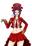  1girl belo_betty blue_eyes blunt_bangs bob_cut breasts brown_gloves cigarette cleavage couchpotato_op cowboy_shot eyelashes gloves goggles goggles_on_headwear hand_on_own_hip hat highres holding holding_cigarette jacket looking_at_viewer navel necktie one_piece purple_hair red_hat red_jacket red_necktie red_skirt simple_background skirt solo white_background 