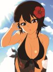  1girl absurdres adjusting_hair bikini black_bikini black_sarong breasts brown_eyes brown_hair cleavage cloud flower front-tie_top girls_und_panzer hair_flower hair_ornament halterneck hand_in_own_hair hibiscus highres large_breasts leaning_forward looking_at_viewer navel nishizumi_maho open_mouth outdoors parted_lips sarong short_hair sky solo summer sun swimsuit umeta_shirisuke 