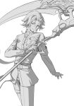  1boy aotsuki_eito armband cindyhu cowboy_shot gakuran glasses greyscale head_tilt highres holding holding_scythe hole_in_chest hole_on_body last_defense_academy_school_uniform looking_at_viewer male_focus monochrome school_uniform scythe short_hair simple_background smile solo the_hundred_line_-last_defense_academy- thigh_strap 