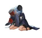  1boy 1other animal_ears artist_name back black_boots black_fur black_hat black_shorts blue_hair blue_jacket boots coat creature english_commentary full_moon hair_over_one_eye hat highres honkai:_star_rail honkai_(series) hug jacket long_sleeves misha_(honkai:_star_rail) moon oh_my_julai pom-pom_(honkai:_star_rail) rabbit_ears red_coat red_hat short_hair shorts simple_background sitting white_background 