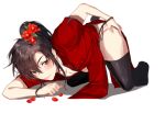  1boy all_fours alternate_costume ass black_hair black_panties black_thighhighs blush brown_hair china_dress chinese_clothes closed_mouth collarbone crossdressing dress flower hair_between_eyes hair_flower hair_ornament hand_on_own_ass highres jujeop long_hair looking_at_viewer male_focus modao_zushi no_shoes panties panty_pull pectoral_cleavage pectorals pelvic_curtain petals ponytail purple_eyes red_dress red_flower red_petals short_sleeves side-tie_panties side_slit sidelocks simple_background smile solo sweatdrop thighhighs trap underwear wei_wuxian white_background 