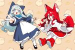  2girls :d animal_ear_fluff animal_ears apron black_shoes blue_eyes blue_hair blue_ribbon blue_veil blush_stickers braid brown_background fang fox_ears fox_girl fox_tail full_body fur-trimmed_skirt fur_trim highres llucilab long_hair long_sleeves looking_at_viewer multiple_girls nontraditional_miko original red_eyes red_hair red_shoes red_skirt ribbon shoes skin_fang skirt smile tail thighhighs v veil white_apron white_thighhighs wide_sleeves 