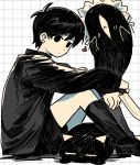 1boy alternate_costume antenna_hair ba_wu90665 black_eyes black_hair black_shorts black_socks cat closed_mouth colored_skin double-parted_bangs highres holding holding_knife knife long_sleeves looking_at_viewer maid_headdress male_focus mewo omori omori_(omori) short_hair shorts sitting socks solo something_(omori) white_skin 
