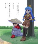  2girls ajirogasa belt black_belt black_thighhighs blue_eyes boots braid brown_boots brown_hat brown_shirt brown_shorts capelet collared_shirt commentary_request dress earrings facial_mark gold_headdress grey_dress hat highres jewelry key_earrings long_earlobes long_hair long_sleeves michigami_nareko multiple_girls open_mouth outdoors red_capelet red_socks shirt short_sleeves shorts sitting smile socks sphere_hair_ornament thighhighs touhou translation_request triangle triangle_facial_mark usekh_collar very_long_hair yatadera_narumi yoruniwa 