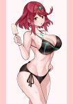  1girl absurdres adjusting_buruma adjusting_clothes adjusting_swimsuit bikini black_bikini blush breasts buruma chest_jewel food highres jewelry large_breasts looking_at_viewer navel open_mouth popsicle pyra_(xenoblade) red_eyes red_hair short_hair solo steam sweat swept_bangs swimsuit tiara xenoblade_chronicles_(series) xenoblade_chronicles_2 yotsuha_uni 