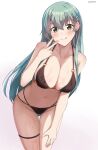  1girl absurdres aqua_hair bikini blush breasts brown_bikini cleavage commentary_request green_eyes green_hair hair_between_eyes hair_ornament hairclip halterneck hand_on_own_thigh highres kantai_collection konishi_(koconatu)_(style) large_breasts long_hair looking_at_viewer mizuki_(uzuki_no_sato) navel o-ring o-ring_top simple_background smile solo string_bikini suzuya_(kancolle) suzuya_kai_ni_(kancolle) swimsuit thigh_strap tongue tongue_out v very_long_hair wet wet_clothes wet_swimsuit 