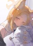  1girl animal_ear_fluff bird blonde_hair blue_archive blush closed_mouth detached_sleeves dress extra_ears flower forehead fox_girl fox_tail hair_flower hair_ornament highres looking_at_another mumu_millhayes pink_eyes seia_(blue_archive) sleeves_past_fingers sleeves_past_wrists smile solo tail white_dress white_flower 