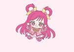  1girl :3 absurdly_long_hair animal_print boots bow bowtie brooch butterfly_earrings butterfly_print chibi closed_mouth cure_dream dot_nose dress earrings eyelashes flower frilled_dress frilled_sleeves frills green_brooch hair_bow hair_flower hair_ornament hair_rings happy ichigo_usuhana jewelry kneehighs light_blush long_hair magical_girl medium_dress outstretched_arms pink_background pink_bag pink_boots pink_bow pink_bowtie pink_eyes pink_flower pink_hair pink_rose pink_shorts pink_theme pink_vest precure rose short_sleeves shorts shorts_under_dress simple_background smile socks solo tareme two-tone_bag very_long_hair vest waist_bag white_arm_warmers white_bag white_dress white_socks yellow_bow yes!_precure_5 yes!_precure_5_gogo! yumehara_nozomi 