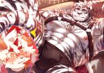  2boys abs absurdres animal_ears arknights armpits bangs bara bare_pectorals black_male_underwear blush booboo_(19816236) boxers bulge chest_harness chibi chibi_inset dog_boy dog_ears feet_out_of_frame furry furry_male harness highres horns hung_(arknights) large_pectorals looking_at_viewer male_focus male_underwear medium_hair mountain_(arknights) multicolored_hair multiple_boys muscular muscular_male nipples no_pants nose_blush o-ring o-ring_top orange_hair pectorals reward_available scar scar_across_eye scar_on_face short_hair single_horn solo_focus spread_legs stomach streaked_hair sweatdrop thick_thighs thighs tiger_boy tiger_ears two-tone_fur underpec underwear white_fur white_hair yaoi 
