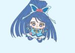  1girl absurdly_long_hair animal_print blue_arm_warmers blue_background blue_boots blue_bow blue_bowtie blue_dress blue_eyes blue_hair blue_shorts blue_theme blue_vest blunt_ends boots bow bowtie brooch butterfly_earrings butterfly_hair_ornament butterfly_print chibi closed_mouth coattails cure_aqua dot_nose dress earrings eyelashes flower frilled_dress frilled_sleeves frills hair_between_eyes hair_flower hair_ornament high_ponytail ichigo_usuhana jewelry light_blush long_hair magical_girl minazuki_karen outstretched_arms parted_bangs pink_bag pink_flower pink_rose ponytail precure red_brooch rose short_dress short_sleeves shorts shorts_under_dress simple_background smile solo swept_bangs tareme two-tone_bag very_long_hair vest waist_bag white_bag yes!_precure_5 yes!_precure_5_gogo! 