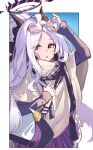  1girl absurdres ahoge black_halo blue_archive blush breasts demon_girl demon_horns demon_wings expeddddd eyewear_on_head halo hand_up headphones headphones_around_neck highres hina_(blue_archive) horns long_hair looking_at_viewer open_mouth purple_eyes skirt small_breasts solo upper_body white_hair wings 