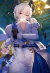  2girls absurdres ahoge alternate_costume black_collar black_gloves black_horns black_tail blonde_hair blue_sash blurry blurry_background blush breasts collar commentary covered_navel curled_horns demon_tail dress earrings from_below gloves grey_hair hair_between_eyes hat highres horns indoors jewelry key_earrings large_breasts light_censor long_hair long_sleeves looking_at_another looking_at_viewer mole mole_under_eye multiple_girls one_eye_closed open_mouth own_hands_clasped own_hands_together parted_lips phoebe_(wuthering_waves) purple_eyes red_eyes sash shirt solo_focus suraimuvmv sweat symbol-only_commentary tail wardrobe_malfunction white_dress white_hat white_shirt wuthering_waves zani_(wuthering_waves) 