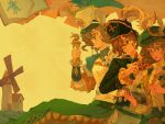  3girls :o absurdres armor black_hat black_jacket breastplate brown_hair cape green_cape green_eyes green_hat hat hat_feather highres holding holding_notebook holding_quill holding_scroll jacket military_hat multiple_girls multiple_persona newsboy_cap notebook official_alternate_costume paper profile quill recoleta_(reverse:1999) reverse:1999 rinmaker scroll shirt smile white_hat white_shirt windmill yellow_background 
