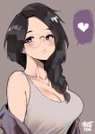  1girl absurdres artist_name bare_shoulders black_hair blush braid braided_ponytail breasts bright_pupils camisole cleavage collarbone drawing forehead hair_over_shoulder heart highres jacket jacket_removed jewelry large_breasts long_hair looking_at_viewer necklace norman_maggot original purple_eyes rimless_eyewear shirt simple_background solo spoken_heart stephanie_(ol-chan) tight tight_shirt upper_body 