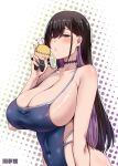  1girl arched_back bare_arms black_hair blue_one-piece_swimsuit blush breasts collarbone colored_inner_hair commentary_request covered_navel darkmaya doll hair_between_eyes heart holding holding_doll huge_breasts long_hair looking_at_viewer multicolored_hair one-piece_swimsuit original purple_eyes purple_hair sideboob simple_background solo standing swimsuit taut_clothes taut_swimsuit two-tone_hair very_long_hair white_background 