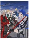  1girl 5boys aqua_eyes aqua_shirt archer_(fate) archer_(honkai:_star_rail)_(fate) armor artoria_pendragon_(fate) astral_express_(honkai:_star_rail) aventurine_(honkai:_star_rail) back black_boots black_coat black_collar black_gloves black_hair black_pants black_shirt black_shoes black_vest blonde_hair blue_bow blue_bowtie blue_dress blue_eyes blue_hair blue_jacket blue_sky boothill_(honkai:_star_rail) boots border bow bowtie bracelet braid breasts bullet_earrings caelus_(honkai:_star_rail) cape chain city cleavage_cutout closed_eyes closed_mouth clothing_cutout cloud cloudy_sky coat collar collared_shirt commentary_request crossed_arms crossed_bangs cu_chulainn_(honkai:_star_rail)_(fate) cyborg dark-skinned_male dark_skin dress earrings evening excalibur_(fate/stay_night) fate/stay_night fate/unlimited_blade_works fate_(series) fingerless_gloves from_behind fur-trimmed_jacket fur_trim gloves gold_bracelet grey_armor grey_hair grey_pants hair_bow hair_bun hair_ornament hair_over_one_eye hand_up heart_cutout highres holding holding_polearm holding_sword holding_weapon honkai:_star_rail honkai_(series) hood hooded_coat jacket jewelry juliet_sleeves lapels long_hair long_sleeves looking_at_another looking_at_viewer looking_back low_ponytail mechanical_arms mechanical_hands medium_breasts multicolored_eyes multicolored_hair multiple_boys mumu_vosp open_clothes open_coat outdoors pants polearm ponytail puffy_sleeves purple_eyes red_cape red_coat red_eyes saber_(fate) saber_(honkai:_star_rail)_(fate) shadow sharp_teeth sheriff_badge shirt shoes short_hair shoulder_armor sidelocks single_earring sitting sky smile spear standing star_(sky) star_ornament starry_sky sun sunset sword t-shirt tassel teeth thigh_strap trailblazer_(honkai:_star_rail) train two-sided_coat two-sided_fabric two-tone_dress two-tone_hair v-shaped_eyebrows vest weapon white_border white_dress white_hair white_pants white_shirt yellow_coat yellow_eyes zipper 