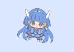  1girl absurdly_long_hair aoki_reika bag_bow blue_background blue_bow blue_bowtie blue_eyes blue_hair blue_ribbon blue_shirt blue_skirt blue_theme blue_wrist_cuffs blunt_bangs boots bow bowtie bridal_gauntlets brooch chibi closed_mouth coattails cure_beauty dot_nose eyelashes footwear_ribbon frilled_skirt frilled_sleeves frills hair_ornament hair_tubes happy ichigo_usuhana jewelry knee_boots light_blush long_hair looking_at_viewer magical_girl miniskirt outstretched_arms pink_bow pleated_skirt precure ribbon shirt short_sleeves simple_background single_stripe skirt skirt_set smile smile_precure! solo striped_bow tareme tiara very_long_hair waist_bag white_bag white_boots white_bridal_gauntlets white_sleeves wing_hair_ornament wrist_cuffs 