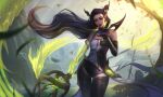  1girl absurdres alternate_costume bare_shoulders bridal_gauntlets closed_eyes facing_viewer glowing glowing_hair highres janna_(league_of_legends) league_of_legends long_hair looking_down pointy_ears solo thigh_gap thighs vincent_t_(oriaarts) 
