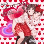  1boy 1girl ;d anniversary bandaid bandaid_on_leg beanie black_pants brown_hair candy carrying commentary_request food hair_bobbles hair_ornament hat heart heart-shaped_food heart-shaped_lollipop heart_background heart_in_eye heart_print highres holding holding_candy holding_food holding_lollipop lollipop long_sleeves official_art one_eye_closed pants piggyback puffy_long_sleeves puffy_sleeves purenista red_eyes red_hat red_skirt red_vest shaped_lollipop shirt skirt smile symbol_in_eye teeth tongue translation_request twintails vest white_shirt 