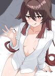  1girl :q absurdres bed_sheet black_nails blush breasts brown_hair collarbone dress_shirt flower-shaped_pupils genshin_impact hairclip_(user_rasc5457) handjob_gesture highres hu_tao_(genshin_impact) long_hair naked_shirt naughty_face on_bed open_clothes open_shirt red_eyes shirt sitting small_breasts solo symbol-shaped_pupils thighs tongue tongue_out white_shirt 