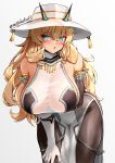  1girl bare_shoulders barghest_(fate) barghest_(fgo_fes._2025)_(fate) black_dress blonde_hair blush breasts brown_pantyhose chain dress elbow_gloves fate/grand_order fate_(series) gloves green_eyes hat highres horns jewelry large_breasts leaning_forward long_hair looking_at_viewer motokebo17 necklace open_mouth pantyhose pelvic_curtain see-through_cleavage see-through_clothes sideboob solo sun_hat thick_thighs thighs two-tone_dress white_dress white_gloves white_hat 