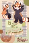  1boy animal_ears animal_feet animal_hands arms_up chibi chibi_only chibikemo claws commentary digitigrade english_commentary fluffy fluffy_land furry furry_male garnet_(fluffy_land) happy_birthday highres kikugawa_ru multicolored_fur multiple_views official_art open_mouth orange_eyes orange_fur pawpads red_panda_boy red_panda_ears red_panda_tail second-party_source sitting standing tail 
