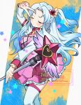  1girl abstract_background alternate_costume angela_(project_moon) arm_up blue_hair blue_shirt blush breasts check_commentary closed_eyes commentary commentary_request cosplay cowboy_shot curtained_hair e.g.o_(project_moon) flower_neckwear frilled_skirt frilled_sleeves frills holding holding_staff in_the_name_of_love_and_hate_(e.g.o) large_breasts light_frown lobotomy_corporation long_hair long_sleeves magical_girl medu_(rubish) one_side_up open_mouth pink_skirt pink_vest pleated_skirt project_moon red_trim shirt skirt solo staff star_(symbol) star_print thighhighs v vest watermark white_thighhighs zettai_ryouiki 