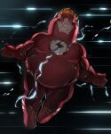  1boy blonde_hair bodysuit cleft_chin closed_mouth cosplay dc_comics english_commentary family_guy fat fat_man highres kowai_(iamkowai) male_focus peter_griffin red_bodysuit solo the_flash the_flash_(cosplay) the_flash_(series) 