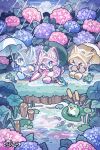  1girl 2boys animal_ears animal_hands boots brother_and_sister brothers character_request chibi chibi_only chibikemo child commentary english_commentary flower fluffy_land frog furry furry_female furry_male guest_art harukui highres holding holding_umbrella hood hood_up hydrangea multiple_boys official_art outdoors pawpads rain raincoat second-party_source siblings tail textless_version twins umbrella walking water wolf_boy wolf_ears wolf_girl wolf_tail 