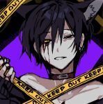  1boy animal_ears black_eyes black_hair black_sweater bleeding blood blood_from_eyes blood_on_hands caution_tape chino_(sky_tanosi) collar dog_boy dog_ears heterochromia keep_out looking_at_viewer male_focus off_shoulder original parted_lips purple_background short_hair solo sweater upper_body yellow_eyes 