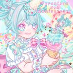  1girl :3 anniversary back_bow blush bow center_frills commentary_request double_bun food frilled_sleeves frilled_wrist_cuffs frills green_bow green_eyes green_hair hair_between_eyes hair_bun heart heterochromia highres holding holding_food holding_ice_cream ice_cream lips logo multicolored_eyes official_art pink_bow pink_eyes puffy_short_sleeves puffy_shorts puffy_sleeves purenista short_sleeves shorts sitting sprinkles star_(symbol) white_wrist_cuffs wrist_cuffs 