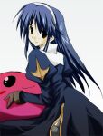  1girl 2000s_(style) :3 aqua_(prescott) black_dress black_thighhighs blue_hair brown_eyes brown_gloves closed_mouth commentary_request cowboy_shot dress garter_straps gloves hairband juliet_sleeves long_hair long_sleeves looking_at_viewer poring priest_(ragnarok_online) puffy_sleeves ragnarok_online side_slit simple_background slime_(creature) smile solo thighhighs white_background white_hairband 
