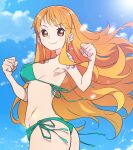  1girl ai-assisted armpit_peek ass bare_arms bare_shoulders bikini blue_sky breasts brown_eyes clenched_hands closed_mouth cloud cloudy_sky commentary_request cowboy_shot earrings from_side green_bikini halterneck highres ibispaint_(medium) jewelry large_breasts light_blush long_hair looking_at_viewer nami_(one_piece) one_piece orange_hair outdoors pearl_earrings shoulder_tattoo side-tie_bikini_bottom signature single_sidelock sky smile solo stomach swimsuit tattoo wavy_hair yas_(yosiyasuyasu) 