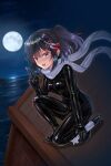  1girl black_bodysuit black_hair blue_eyes bodysuit breasts full_moon hair_between_eyes hair_ornament highres holding holding_torpedo kantai_collection large_breasts latex latex_bodysuit moon night night_sky outdoors riretsuto scarf sendai_(kancolle) sendai_kai_ni_(kancolle) skin_tight sky solo torpedo two_side_up white_scarf 