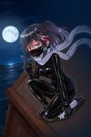  1girl black_bodysuit black_hair black_mask blue_eyes bodysuit breasts full_moon hair_between_eyes hair_ornament highres holding holding_torpedo kantai_collection large_breasts latex latex_bodysuit mask moon mouth_mask night night_sky outdoors riretsuto scarf sendai_(kancolle) sendai_kai_ni_(kancolle) skin_tight sky solo torpedo two_side_up white_scarf 